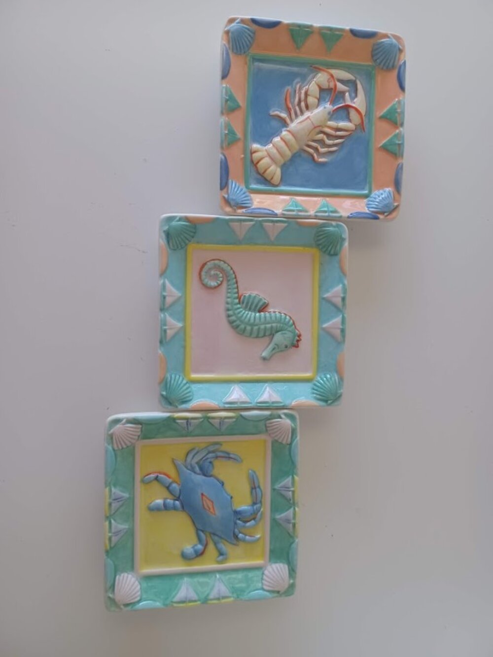 Vintage Coastal Sea Life Ceramic Plates Set Seahorse Crab Lobster Beach Cottage